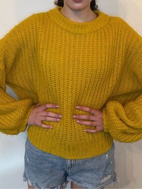 Forever 21 Mustard Bubble Sleeve Crewneck Sweater